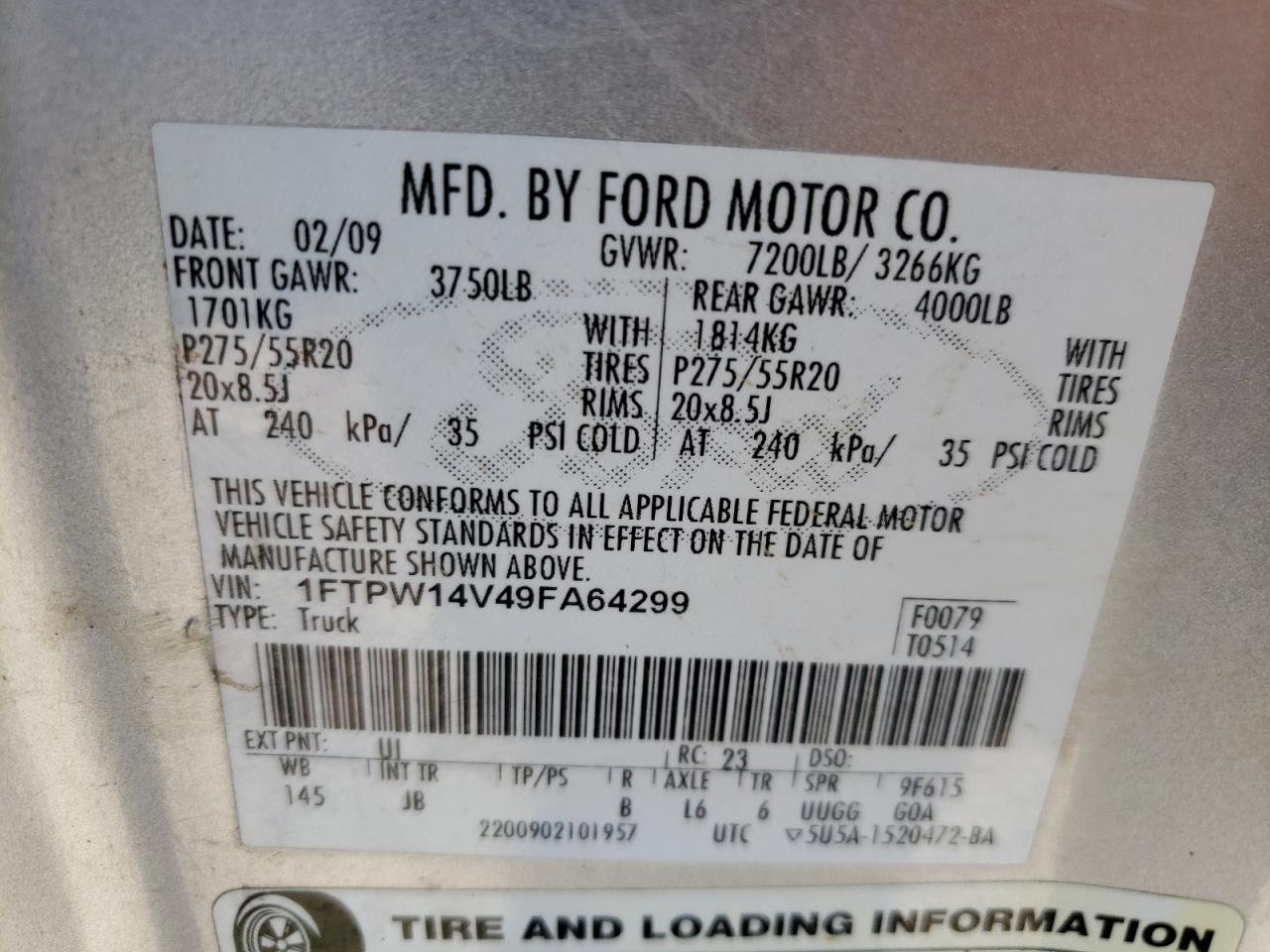 Photo 10 from auction – 2009 FORD F150 SUPER with VIN 1FTPW14V49FA64299