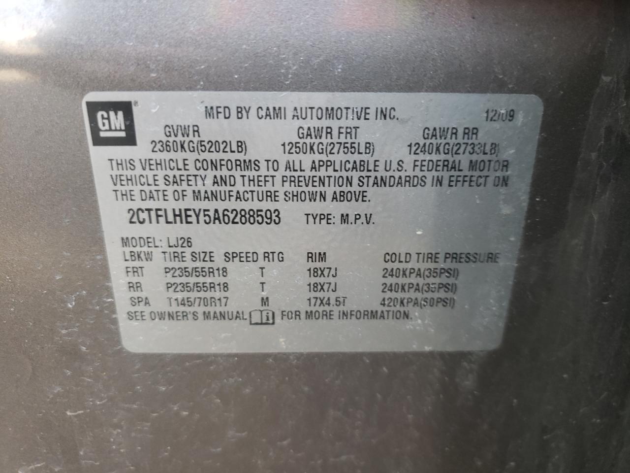Photo 10 from auction – 2010 GMC TERRAIN SL with VIN 2CTFLHEY5A6288593