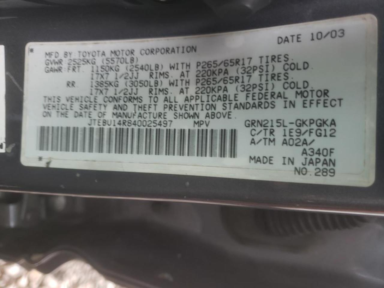 Photo 10 from auction – 2004 TOYOTA 4RUNNER SR with VIN JTEBU14R840025497