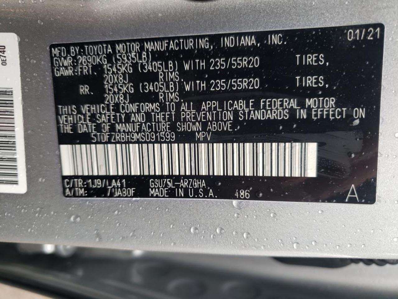 Photo 10 from auction – 2021 TOYOTA HIGHLANDER with VIN 5TDFZRBH9MS091599