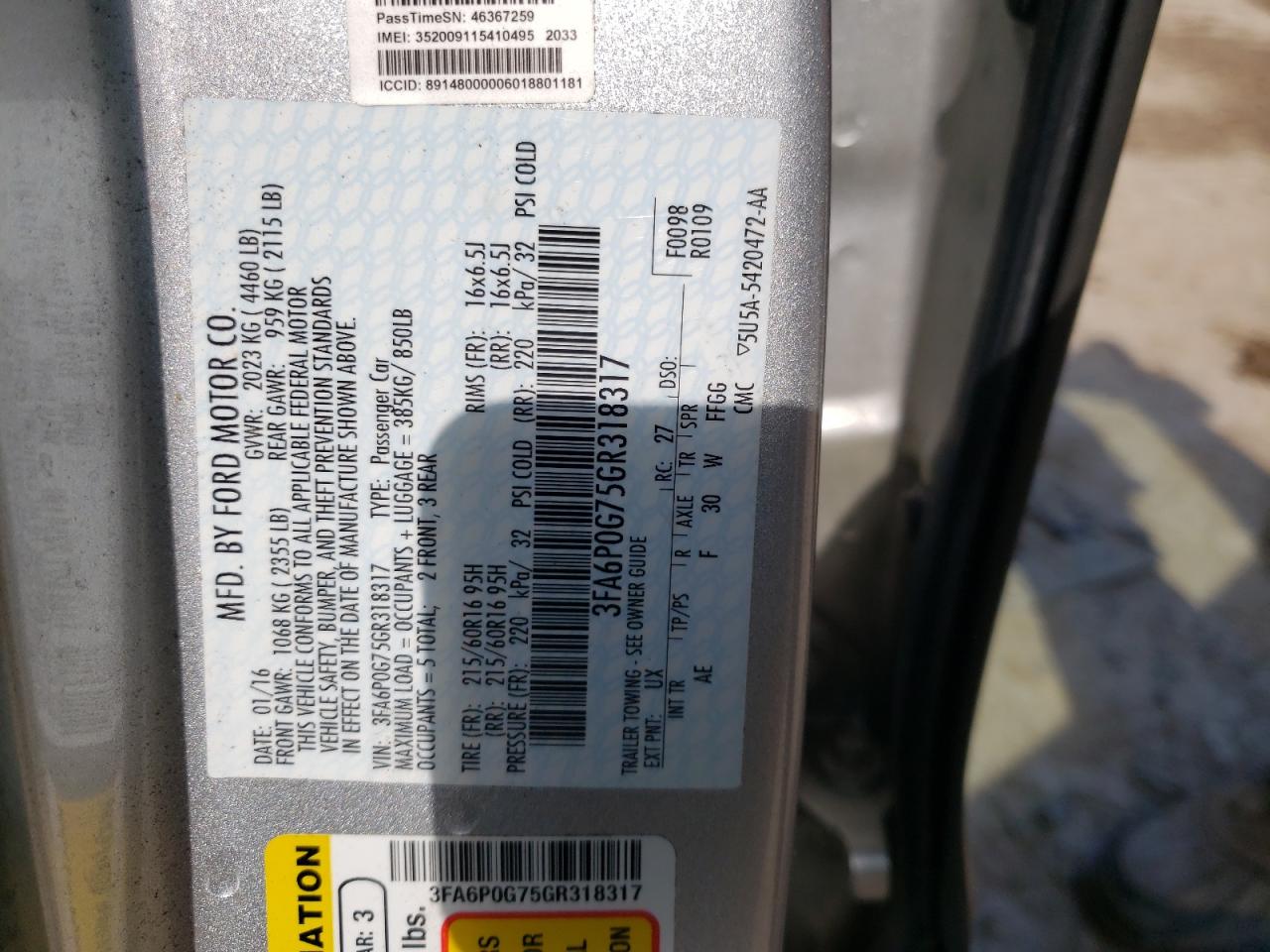 Photo 10 from auction – 2016 FORD FUSION S with VIN 3FA6P0G75GR318317