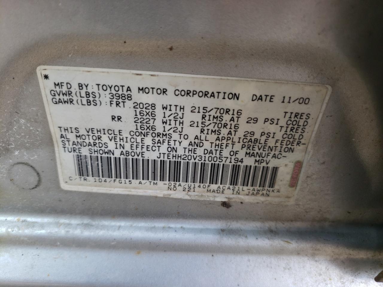 Photo 10 from auction – 2001 TOYOTA RAV4 with VIN JTEHH20V310057194