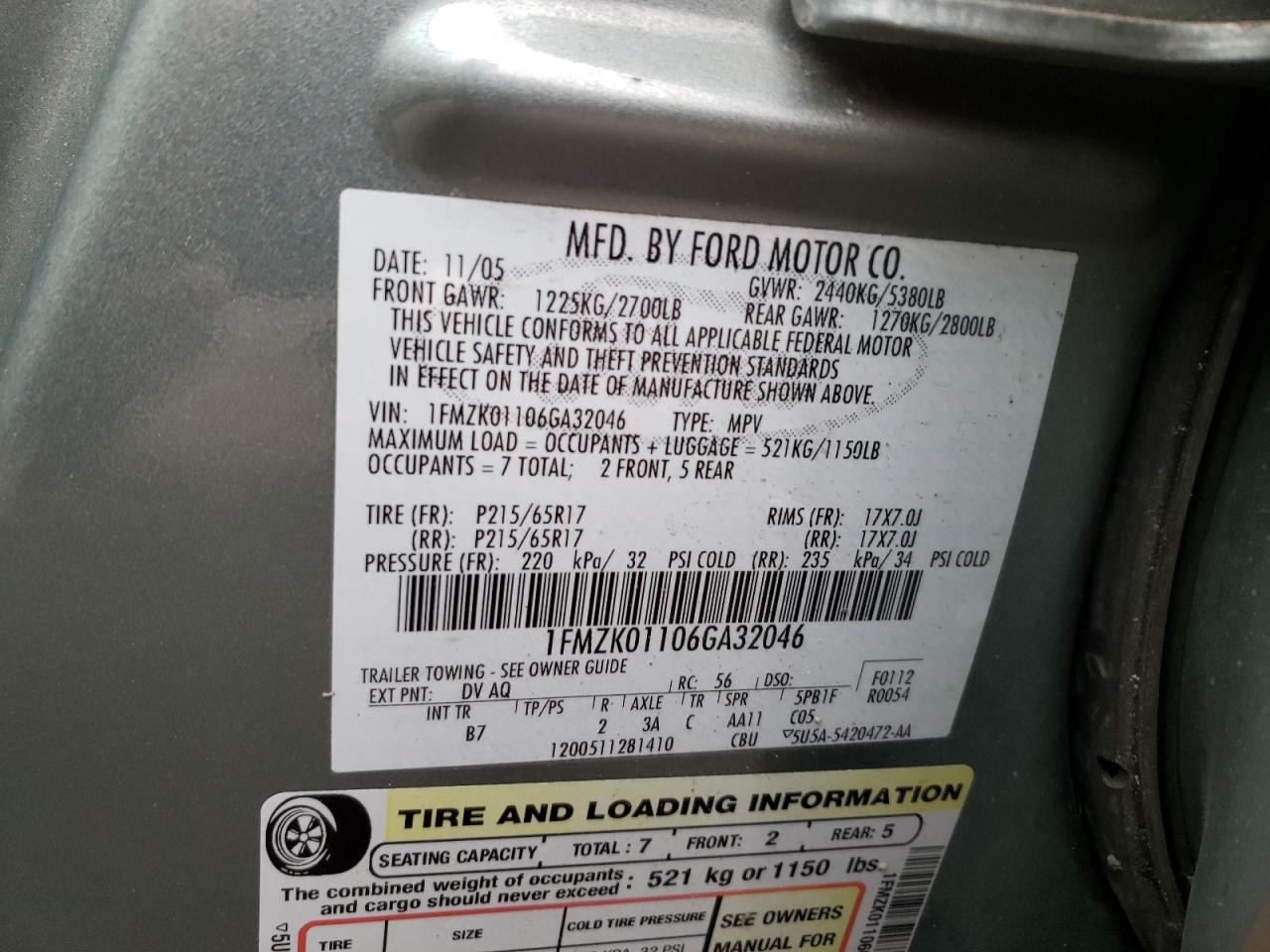 Photo 10 from auction – 2006 FORD FREESTYLE with VIN 1FMZK01106GA32046