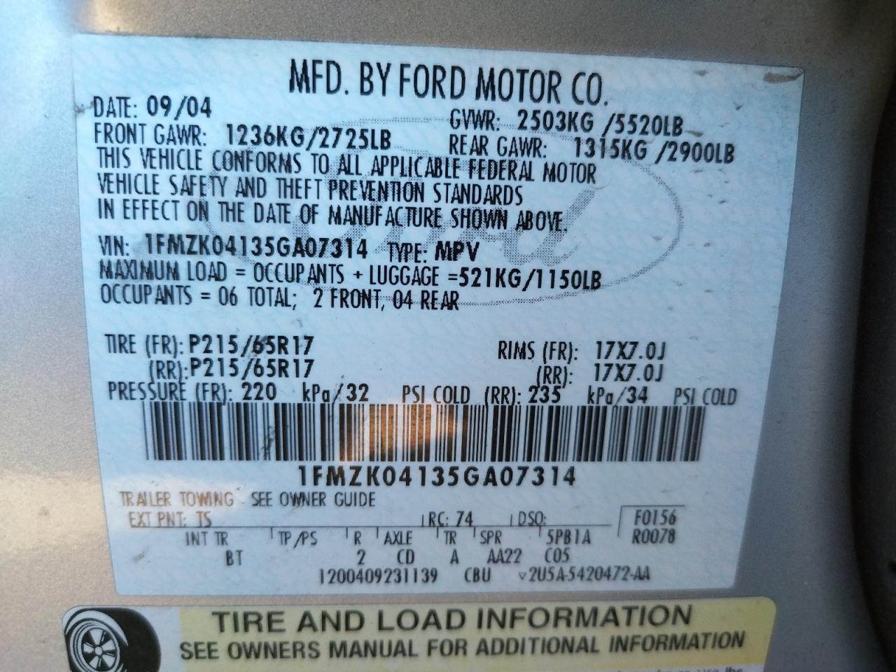 Photo 10 from auction – 2005 FORD FREESTYLE with VIN 1FMZK04135GA07314