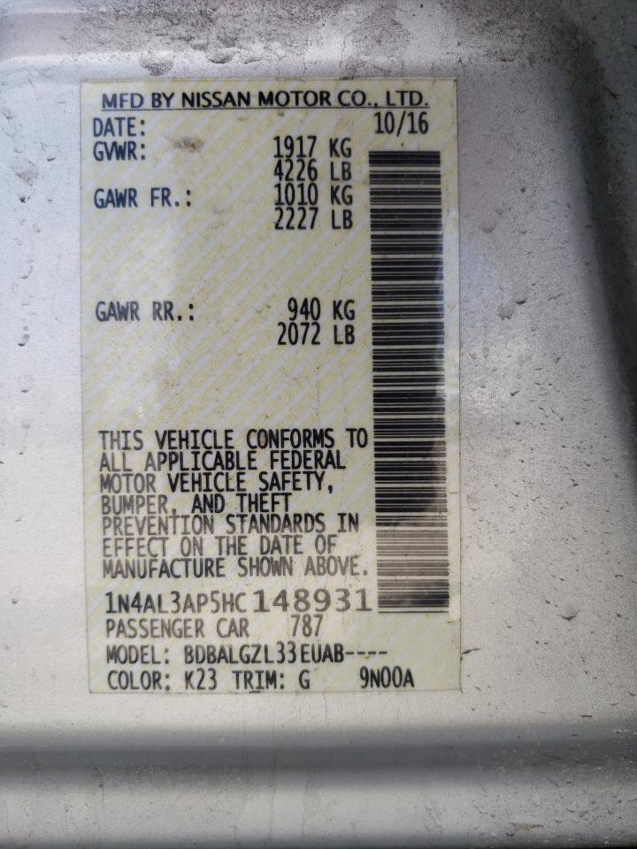 Photo 10 from auction – 2017 NISSAN ALTIMA 2.5 with VIN 1N4AL3AP5HC148931