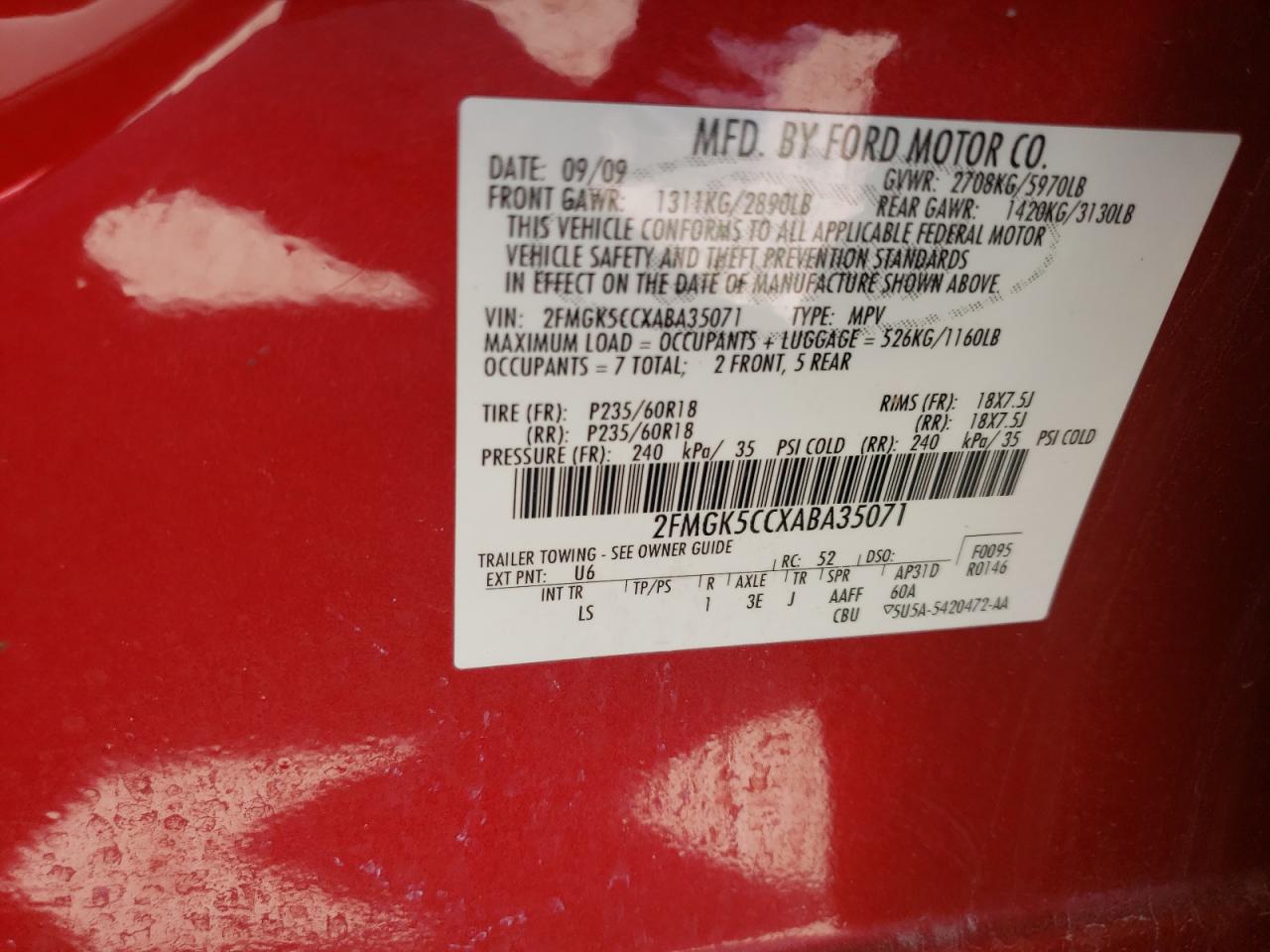 Photo 10 from auction – 2010 FORD FLEX SEL with VIN 2FMGK5CCXABA35071