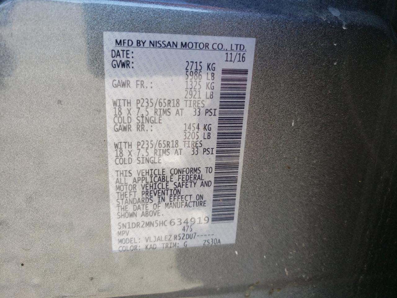 Photo 10 from auction – 2017 NISSAN PATHFINDER with VIN 5N1DR2MN5HC634919
