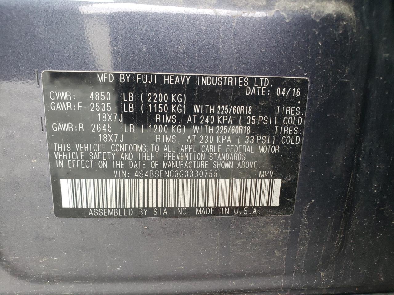 Photo 10 from auction – 2016 SUBARU OUTBACK 3. with VIN 4S4BSENC3G3330755