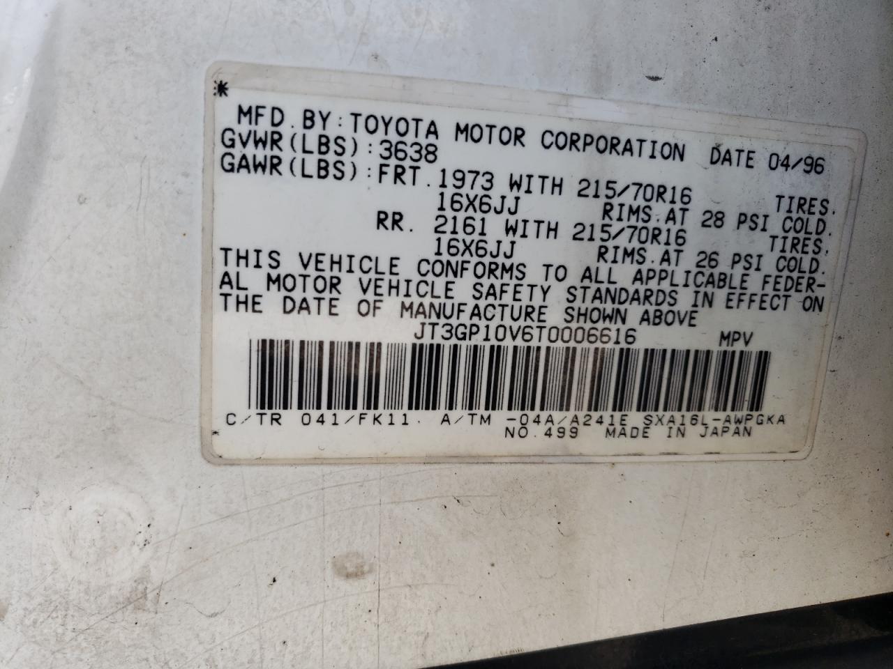 Photo 10 from auction – 1996 TOYOTA RAV4 with VIN JT3GP10V6T0006616