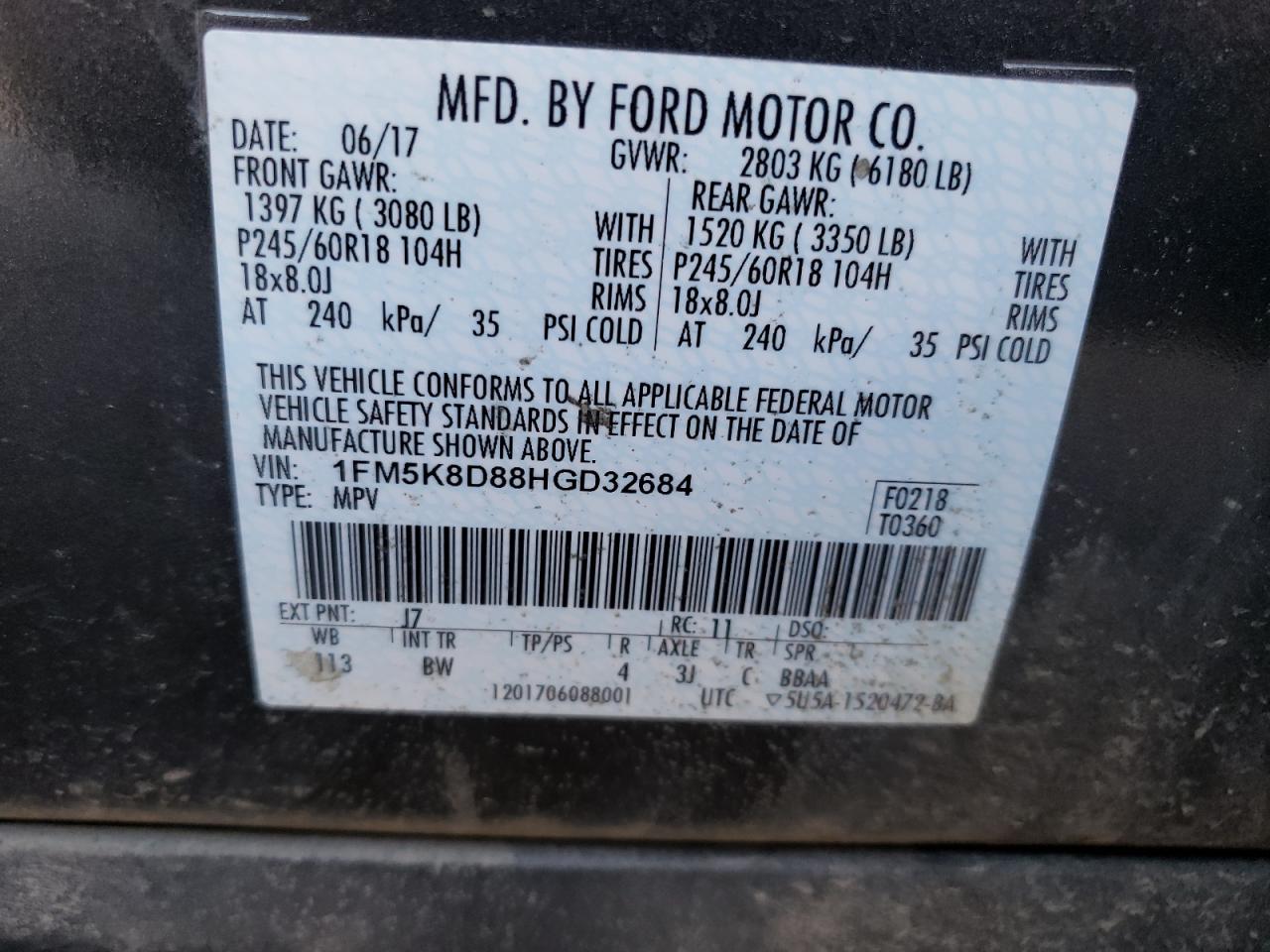 Photo 10 from auction – 2017 FORD EXPLORER X with VIN 1FM5K8D88HGD32684