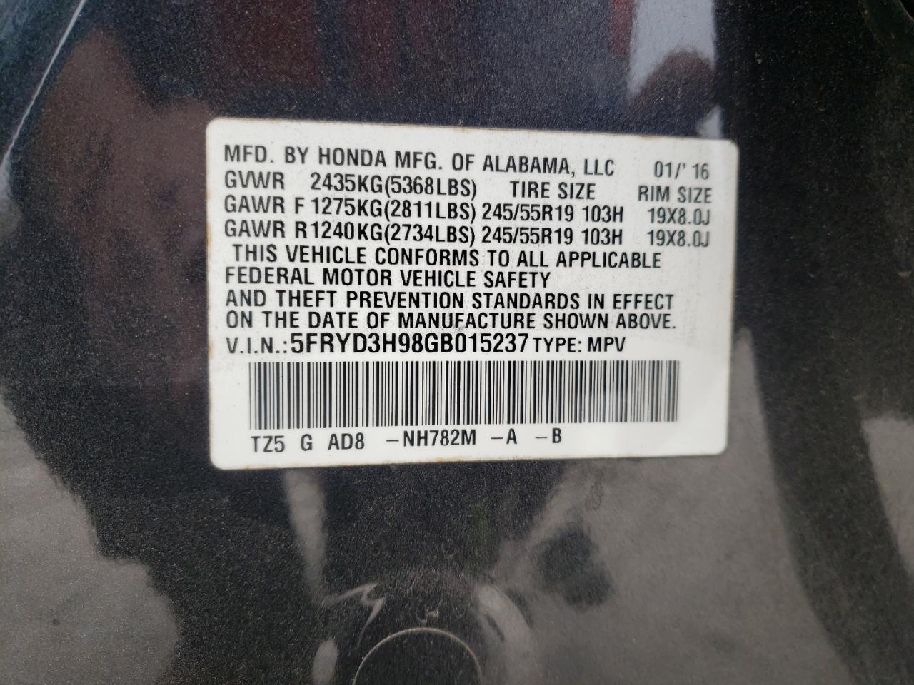 Photo 10 from auction – 2016 ACURA MDX ADVANC with VIN 5FRYD3H98GB015237