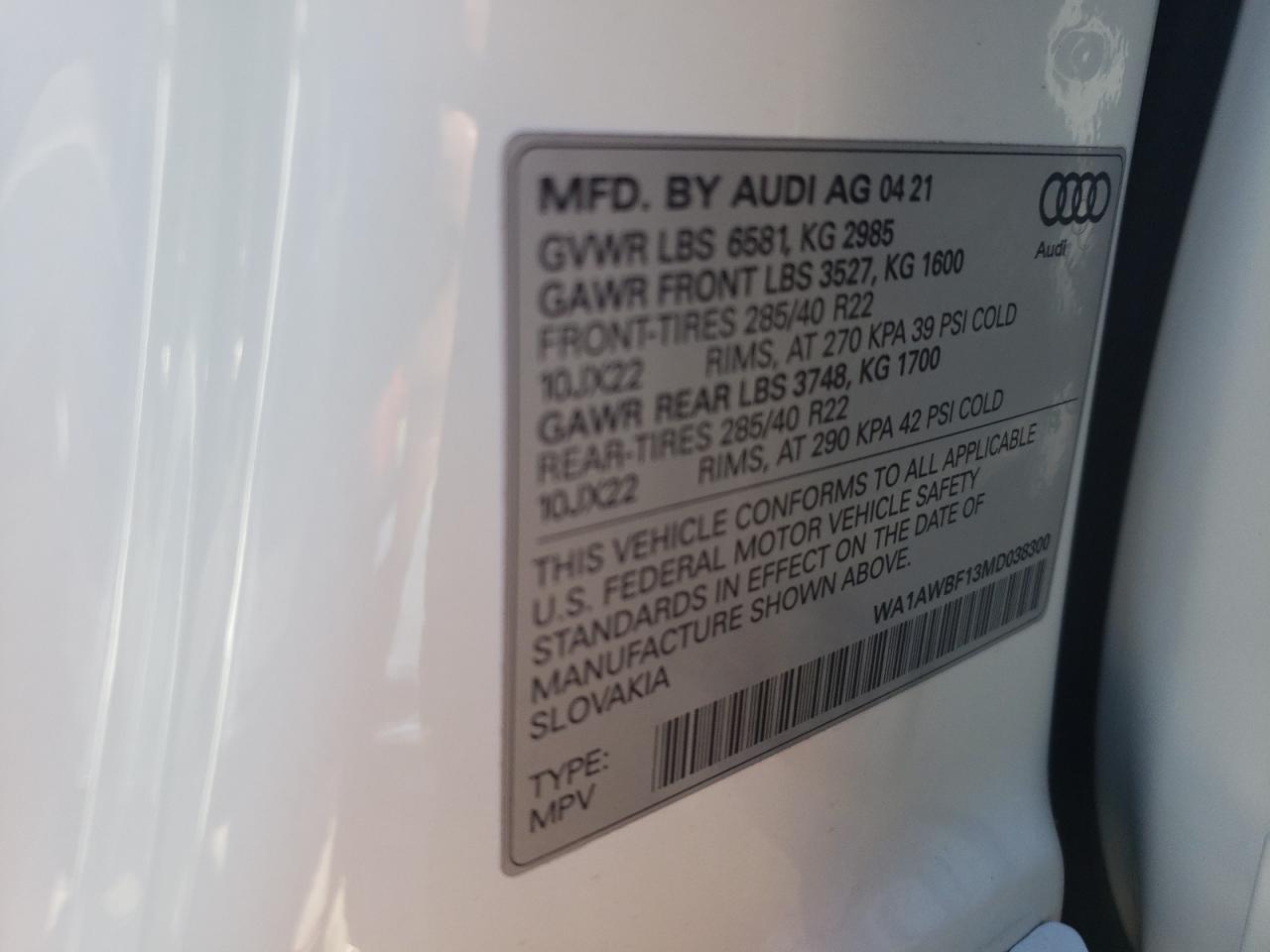 Photo 10 from auction – 2021 AUDI SQ8 PREMIU with VIN WA1AWBF13MD038300