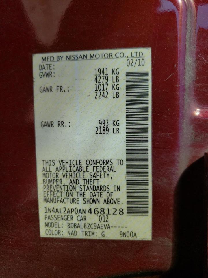 Photo 10 from auction – 2010 NISSAN ALTIMA BAS with VIN 1N4AL2AP0AN468128