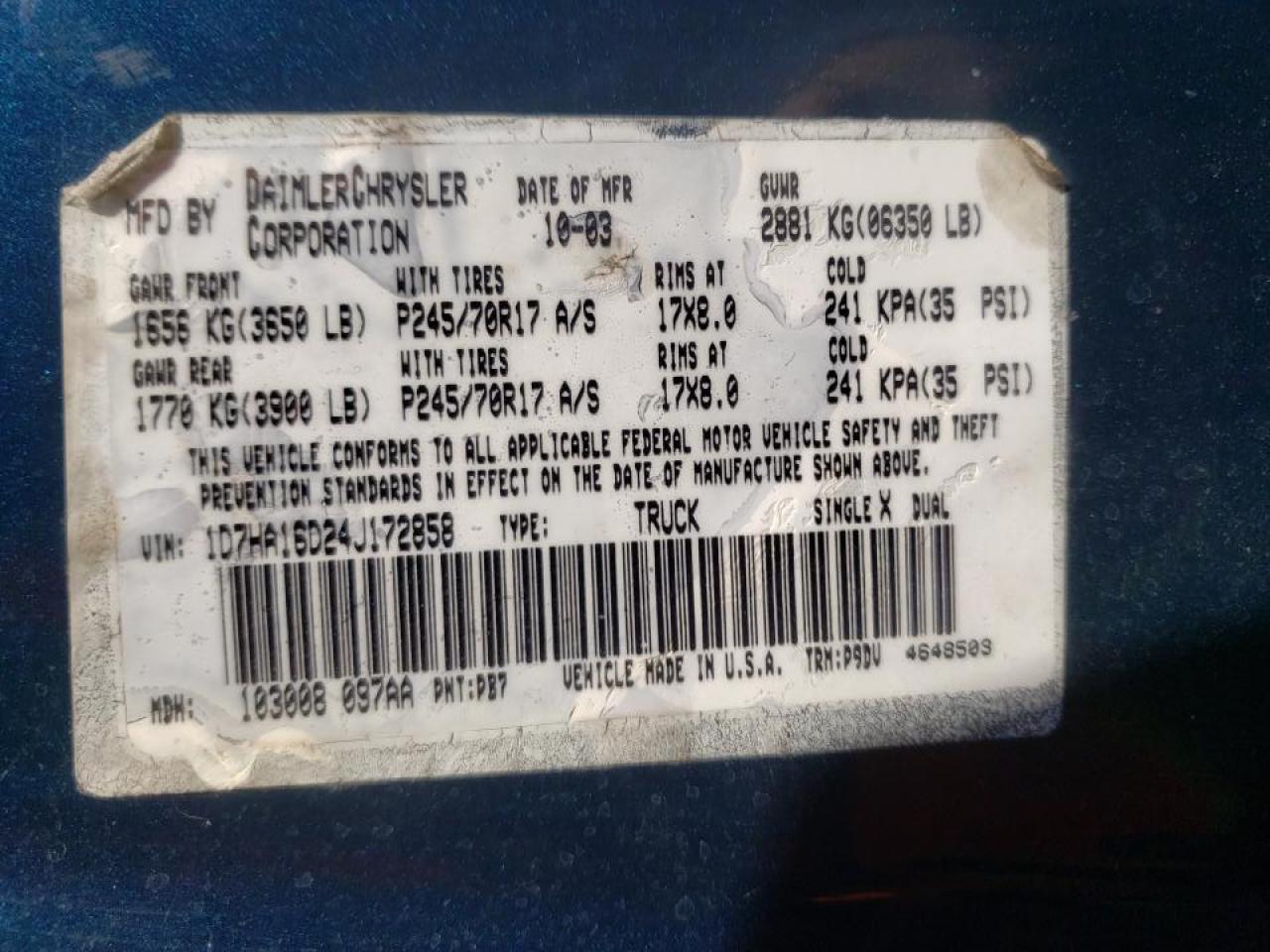 Photo 10 from auction – 2004 DODGE RAM 1500 S with VIN 1D7HA16D24J172858