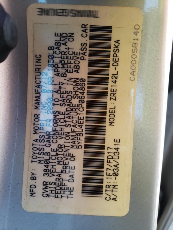 Photo 10 from auction – 2012 TOYOTA COROLLA BA with VIN 5YFBU4EE1CP064860