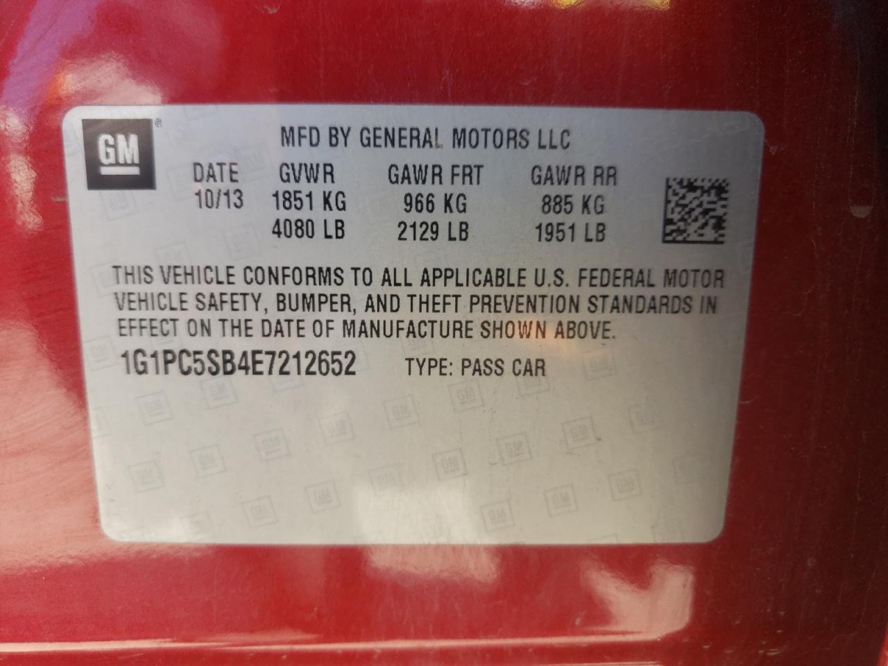 Photo 10 from auction – 2014 CHEVROLET CRUZE LT with VIN 1G1PC5SB4E7212652