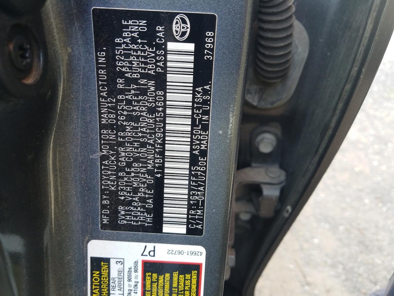 Photo 10 from auction – 2012 TOYOTA CAMRY BASE with VIN 4T1BF1FK9CU154608