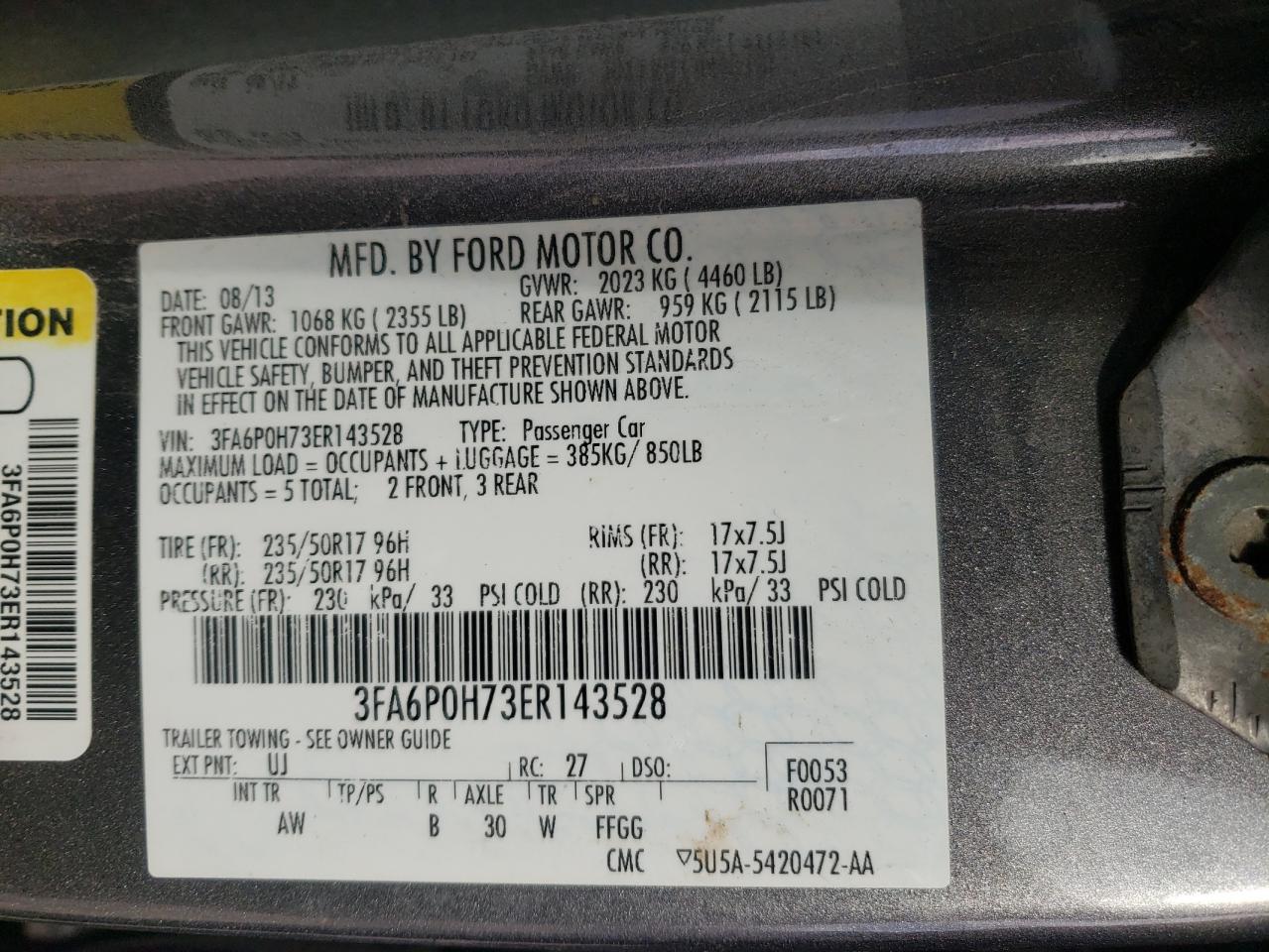 Photo 10 from auction – 2014 FORD FUSION SE with VIN 3FA6P0H73ER143528