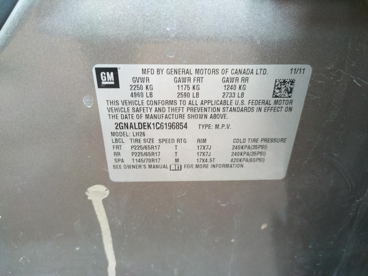 Photo 10 from auction – 2012 CHEVROLET EQUINOX LT with VIN 2GNALDEK1C6196854