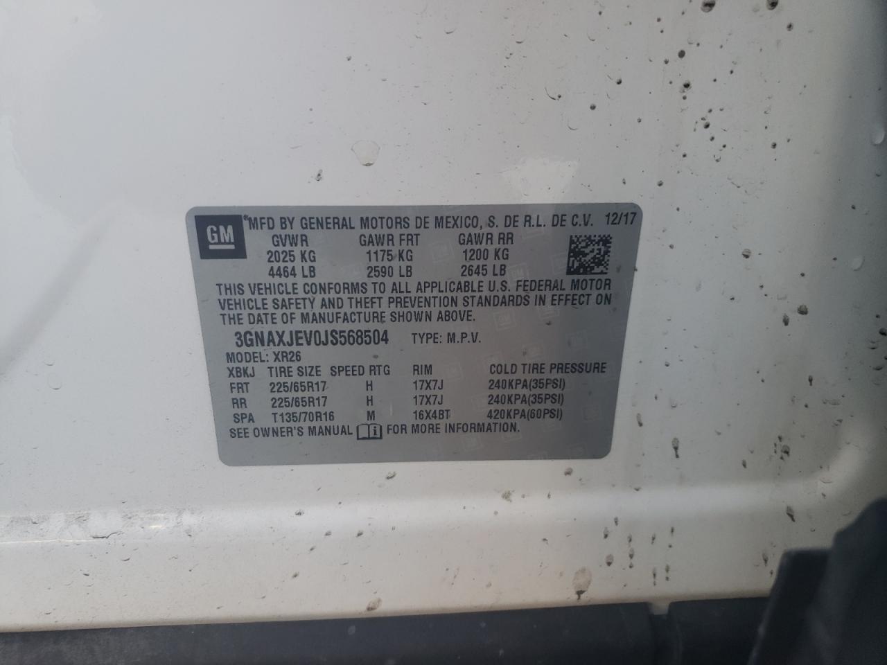 Photo 10 from auction – 2018 CHEVROLET EQUINOX LT with VIN 3GNAXJEV0JS568504