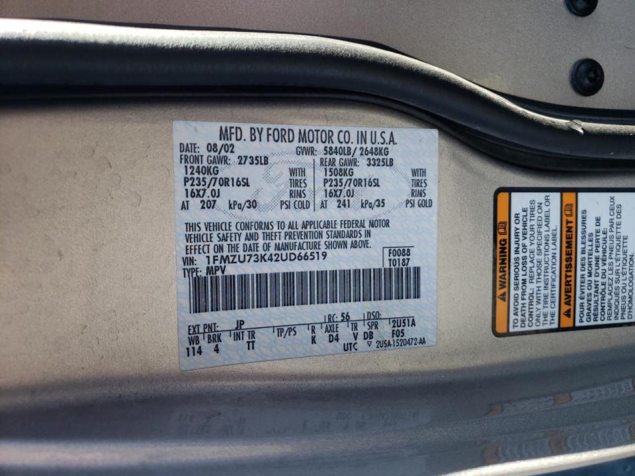 Photo 10 from auction – 2002 FORD EXPLORER X with VIN 1FMZU73K42UD66519