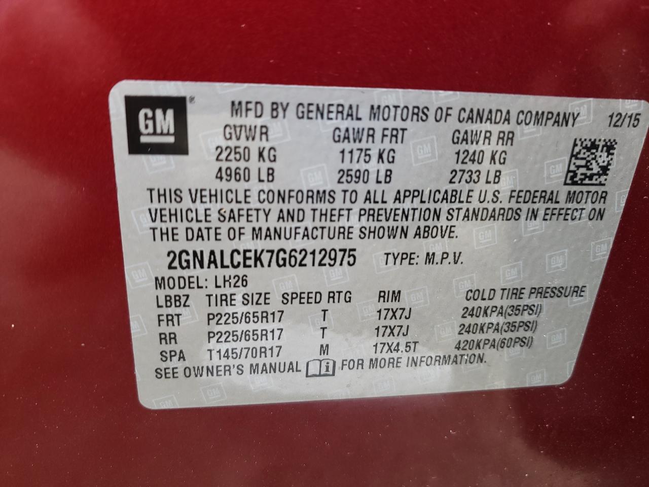 Photo 10 from auction – 2016 CHEVROLET EQUINOX LT with VIN 2GNALCEK7G6212975