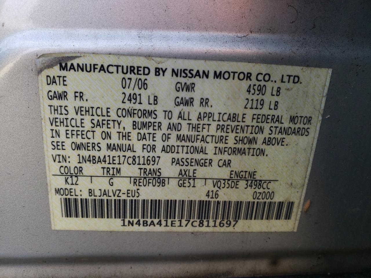 Photo 10 from auction – 2007 NISSAN MAXIMA SE with VIN 1N4BA41E17C811697