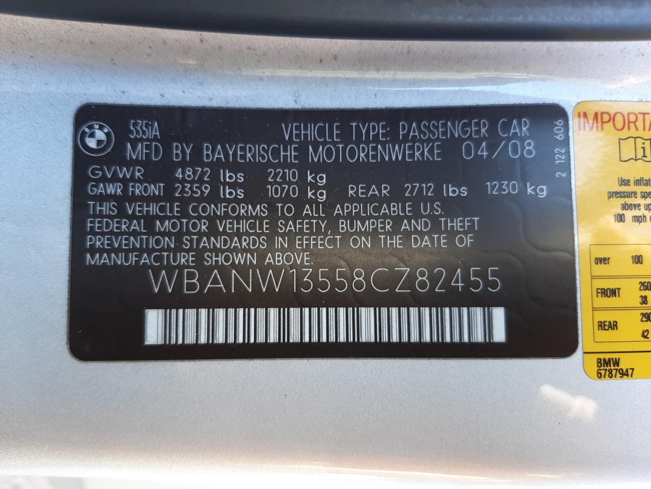 Photo 10 from auction – 2008 BMW 535 I with VIN WBANW13558CZ82455