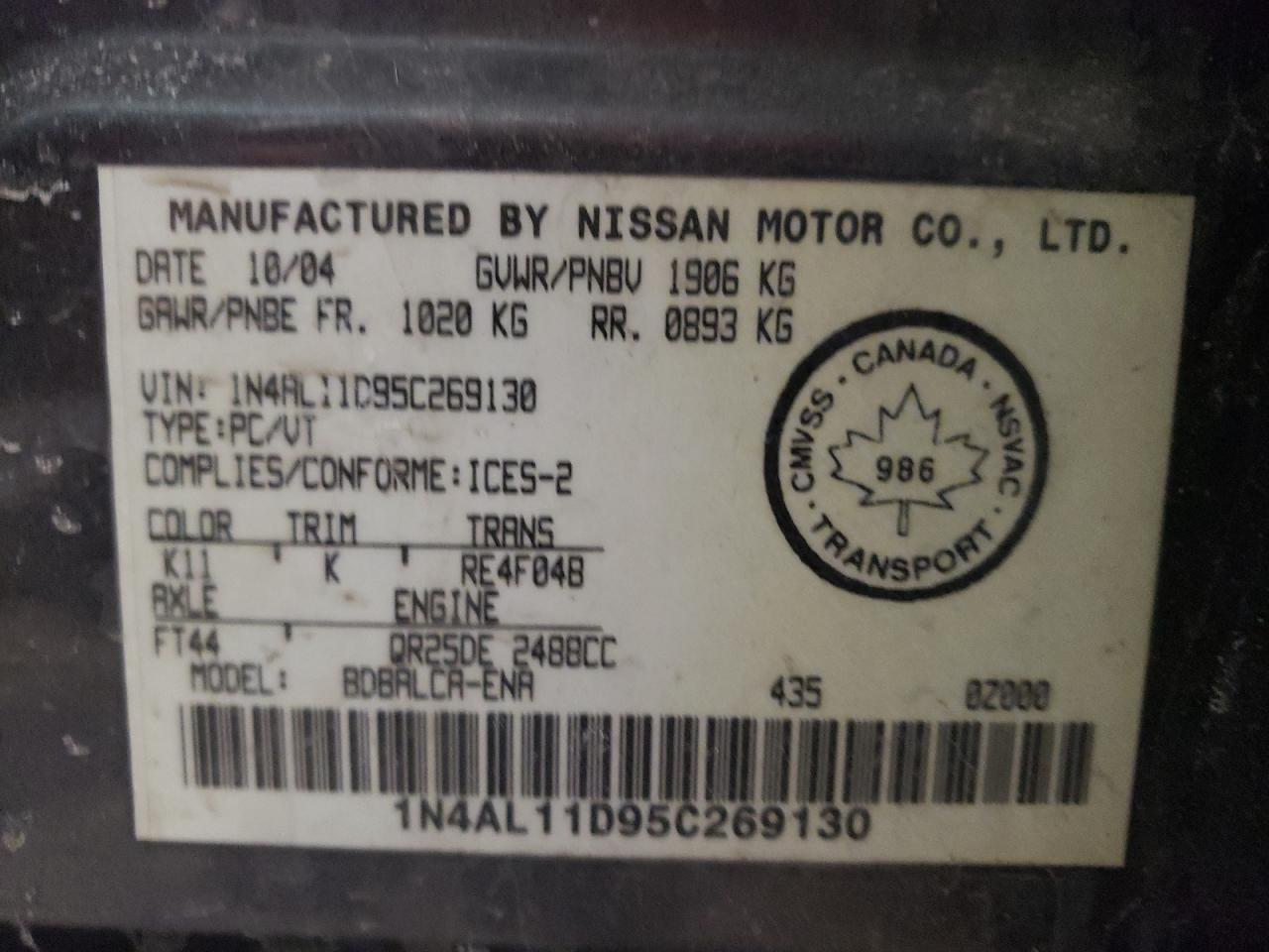 Photo 10 from auction – 2005 NISSAN ALTIMA S with VIN 1N4AL11D95C269130