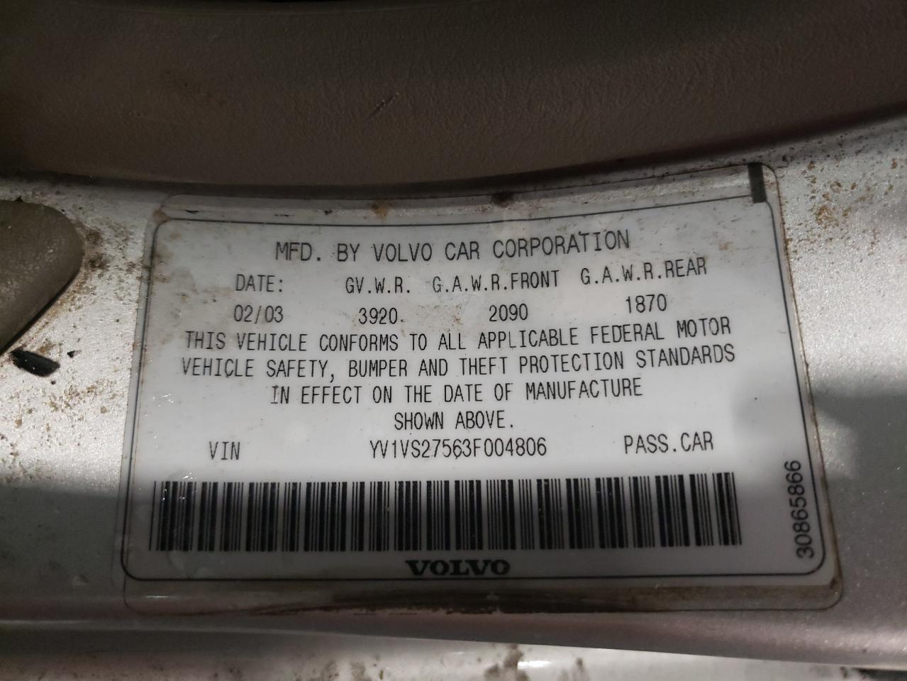 Photo 10 from auction – 2003 VOLVO S40 1.9T with VIN YV1VS27563F004806