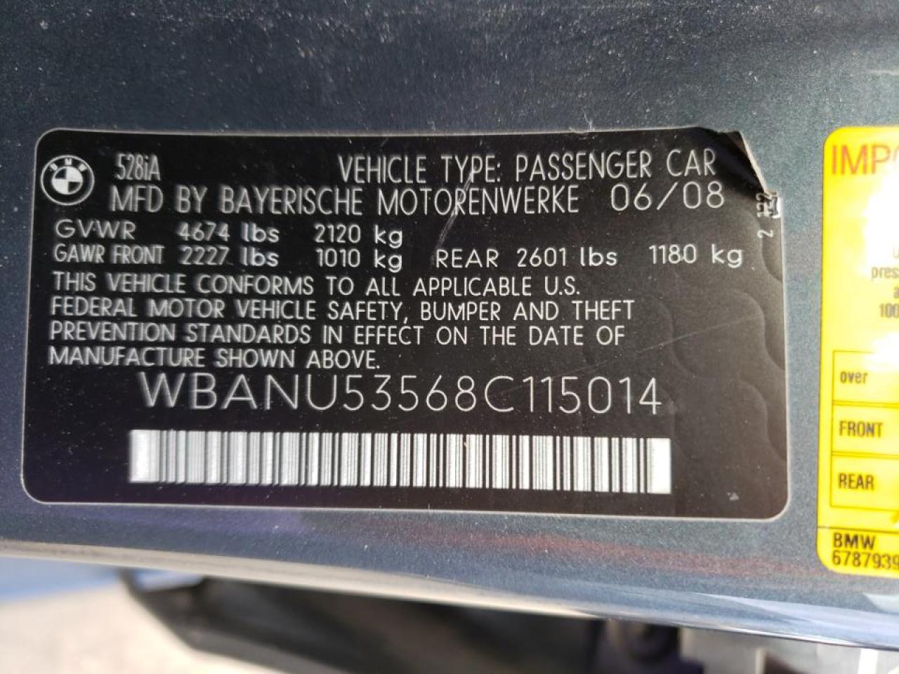 Photo 10 from auction – 2008 BMW 528 I with VIN WBANU53568C115014