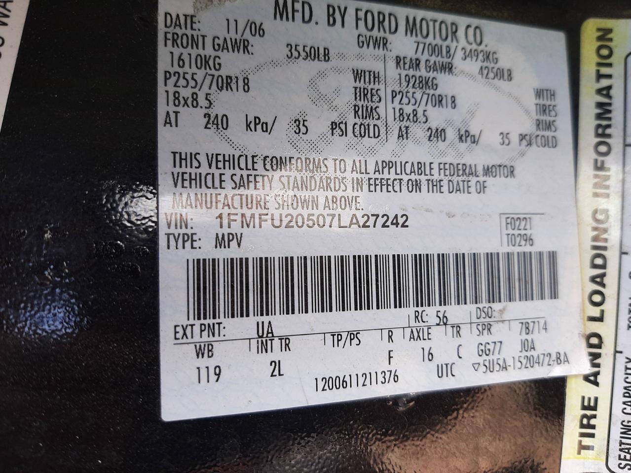 Photo 10 from auction – 2007 FORD EXPEDITION with VIN 1FMFU20507LA27242