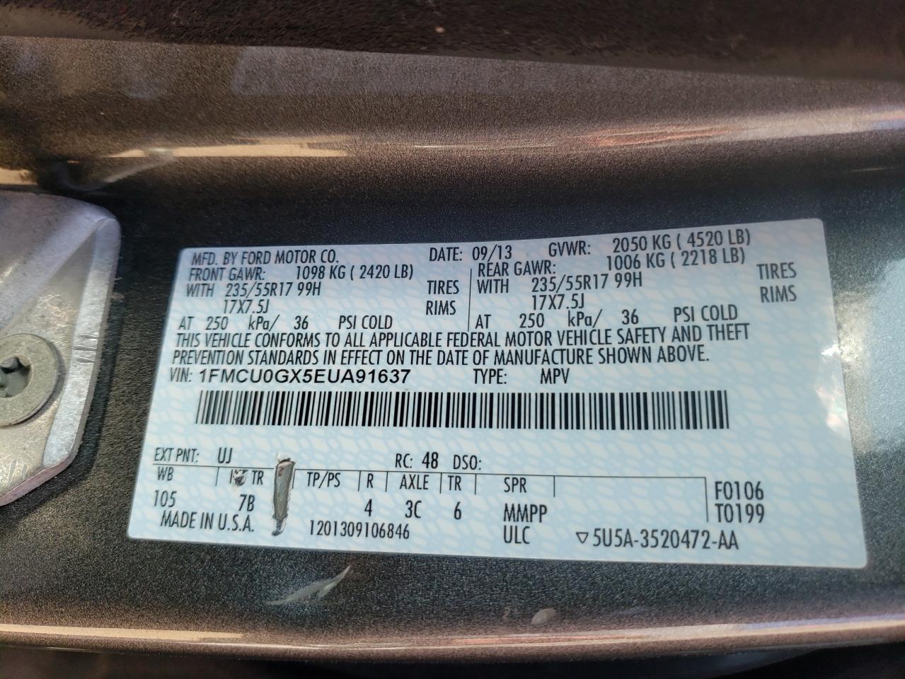 Photo 10 from auction – 2014 FORD ESCAPE SE with VIN 1FMCU0GX5EUA91637