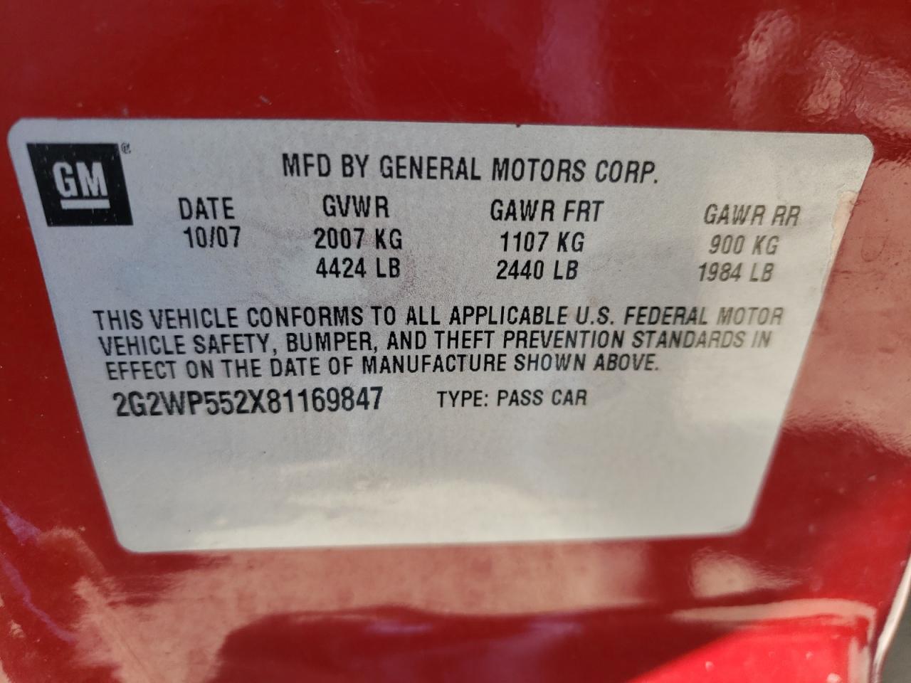 Photo 10 from auction – 2008 PONTIAC GRAND PRIX with VIN 2G2WP552X81169847