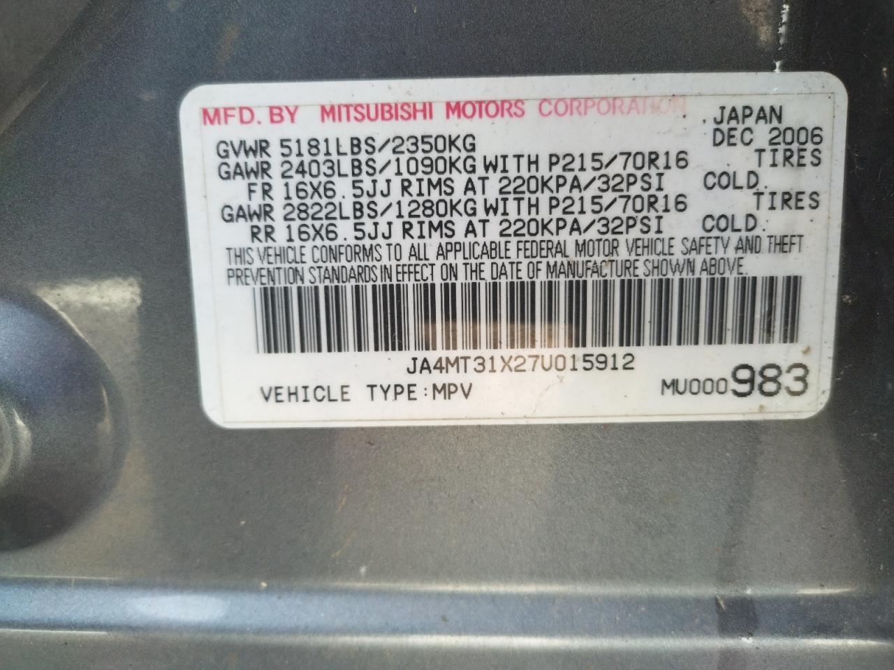 Photo 10 from auction – 2007 MITSUBISHI OUTLANDER with VIN JA4MT31X27U015912