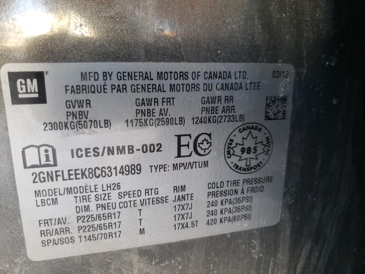 Photo 10 from auction – 2012 CHEVROLET EQUINOX LT with VIN 2GNFLEEK8C6314989