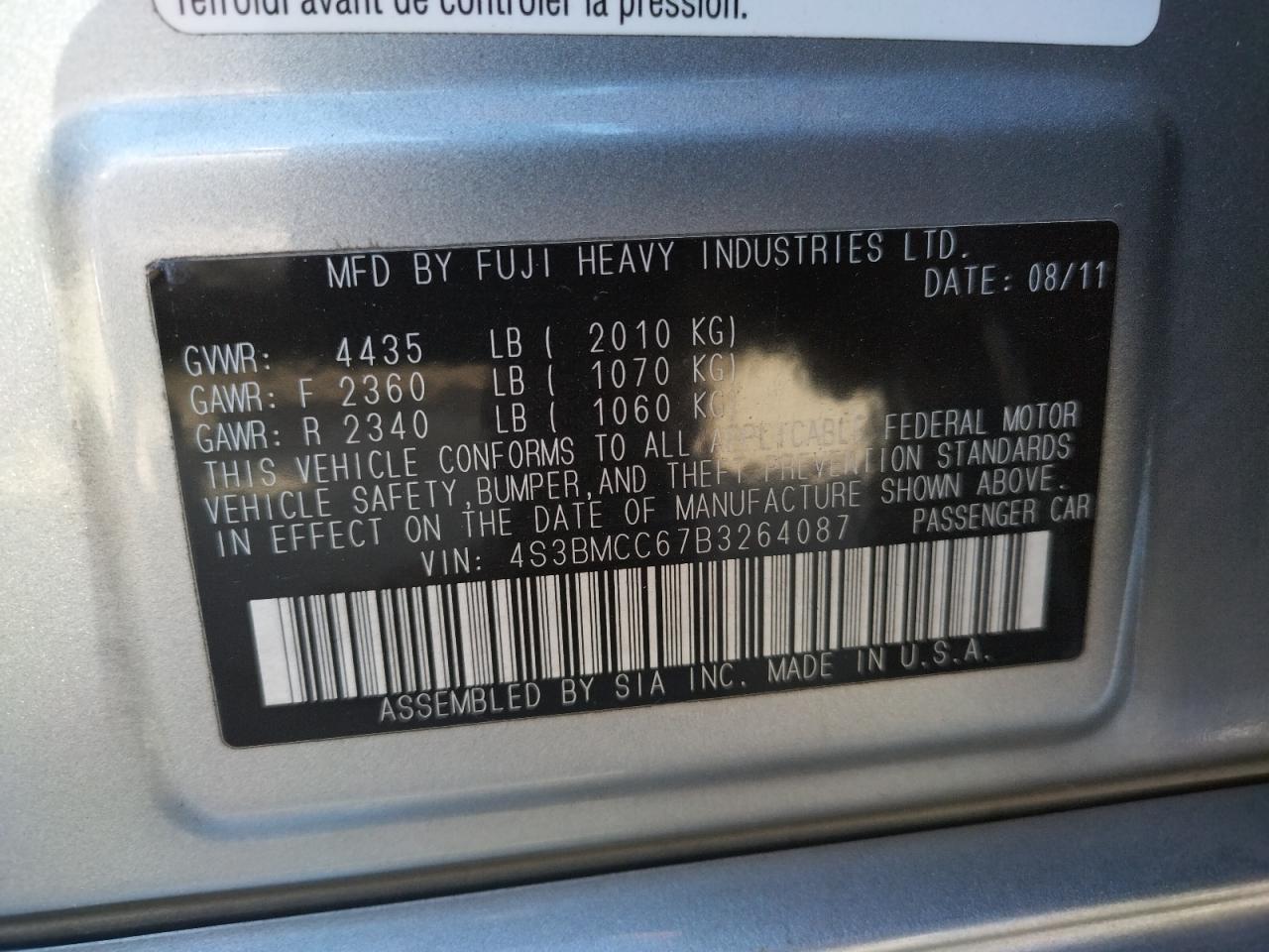 Photo 10 from auction – 2011 SUBARU LEGACY 2.5 with VIN 4S3BMCC67B3264087
