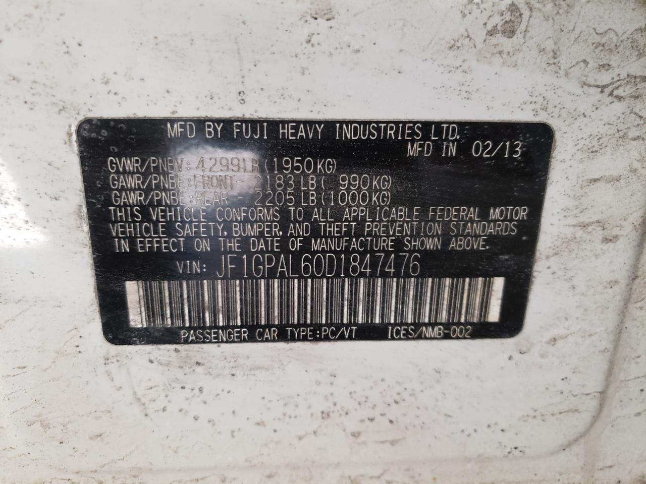 Photo 10 from auction – 2013 SUBARU IMPREZA SP with VIN JF1GPAL60D1847476