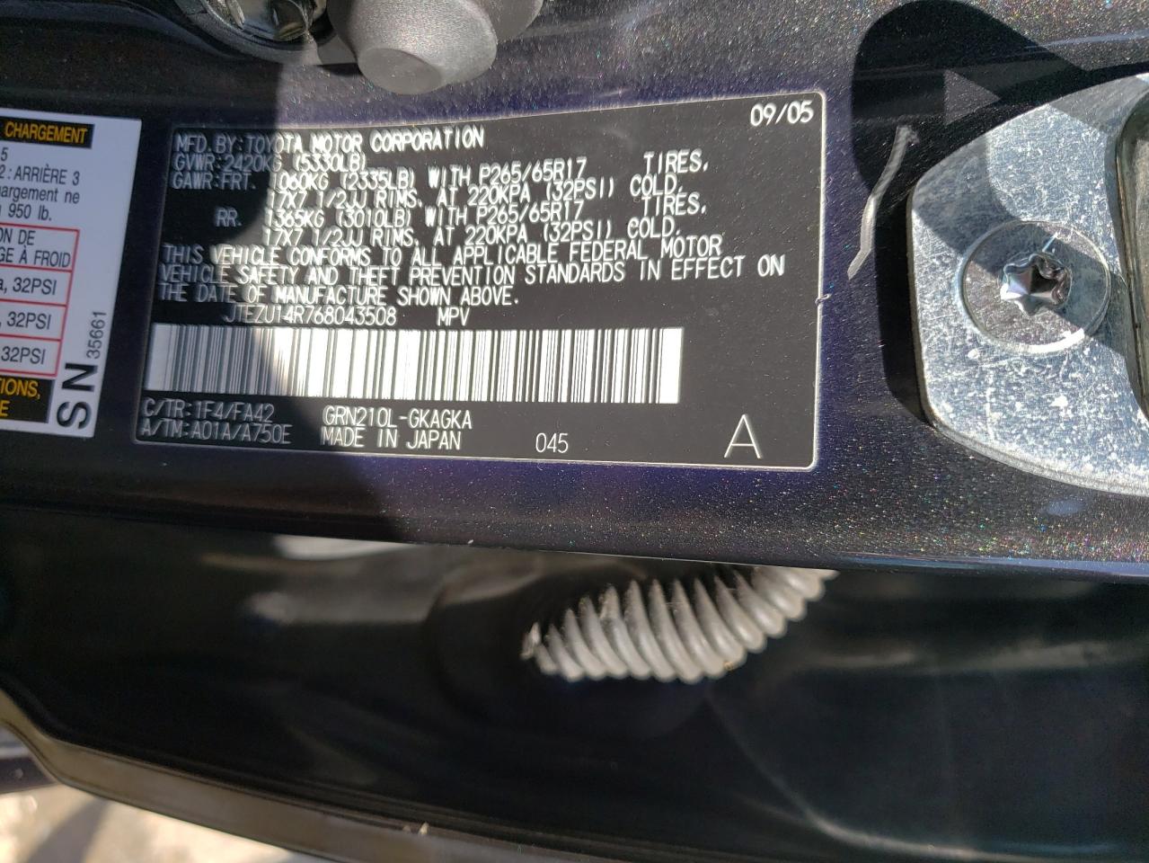 Photo 10 from auction – 2006 TOYOTA 4RUNNER SR with VIN JTEZU14R768043508