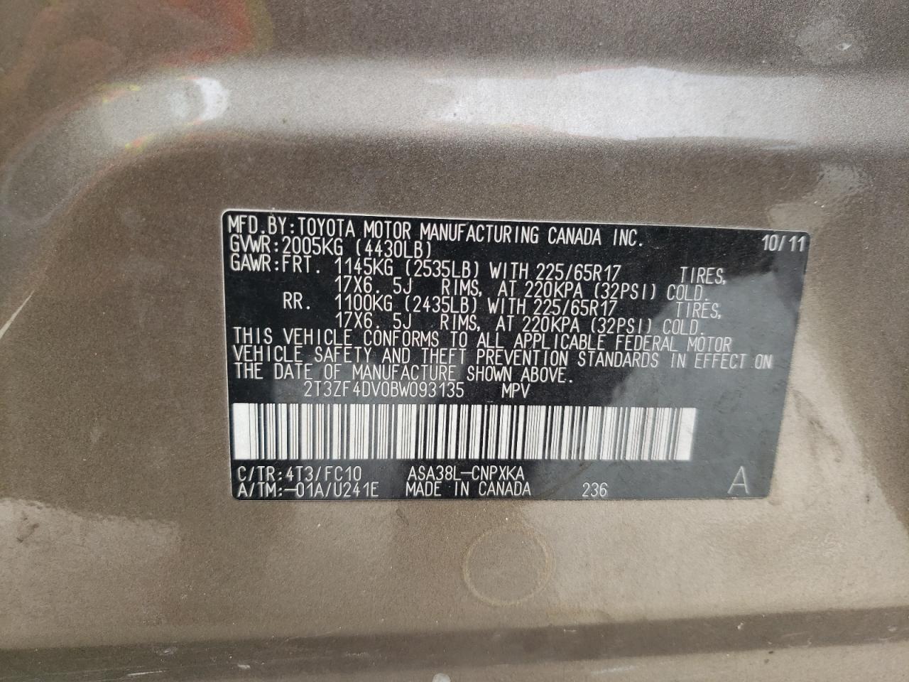 Photo 10 from auction – 2011 TOYOTA RAV4 with VIN 2T3ZF4DV0BW093135