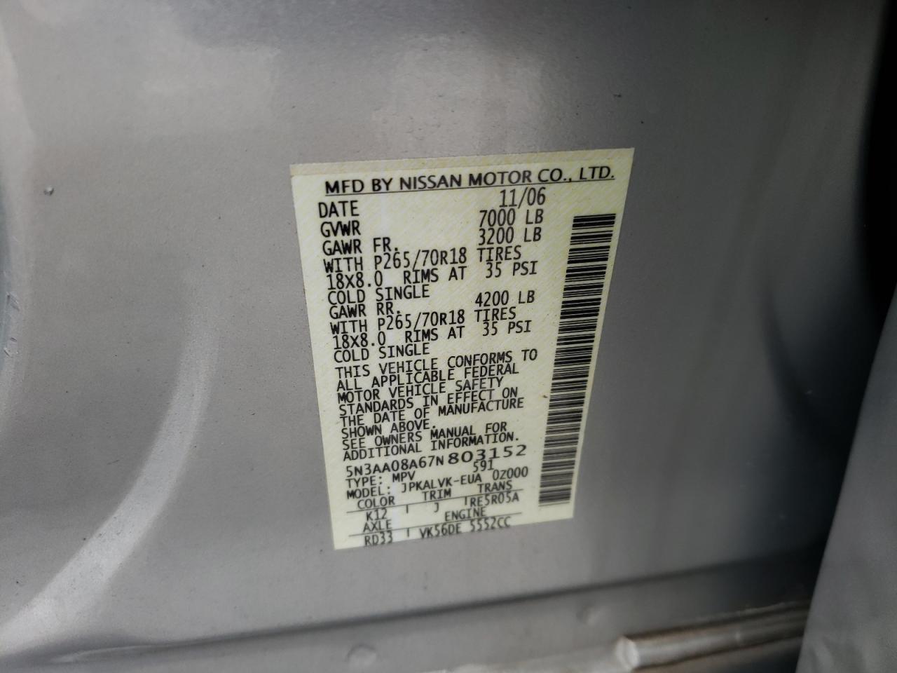 Zdjęcie 10 z aukcji – 2007 INFINITI QX56 z VIN 5N3AA08A67N803152