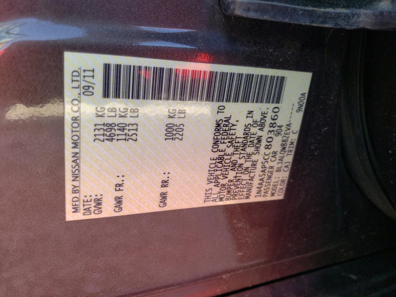 Photo 10 from auction – 2012 NISSAN MAXIMA S with VIN 1N4AA5AP5CC803860