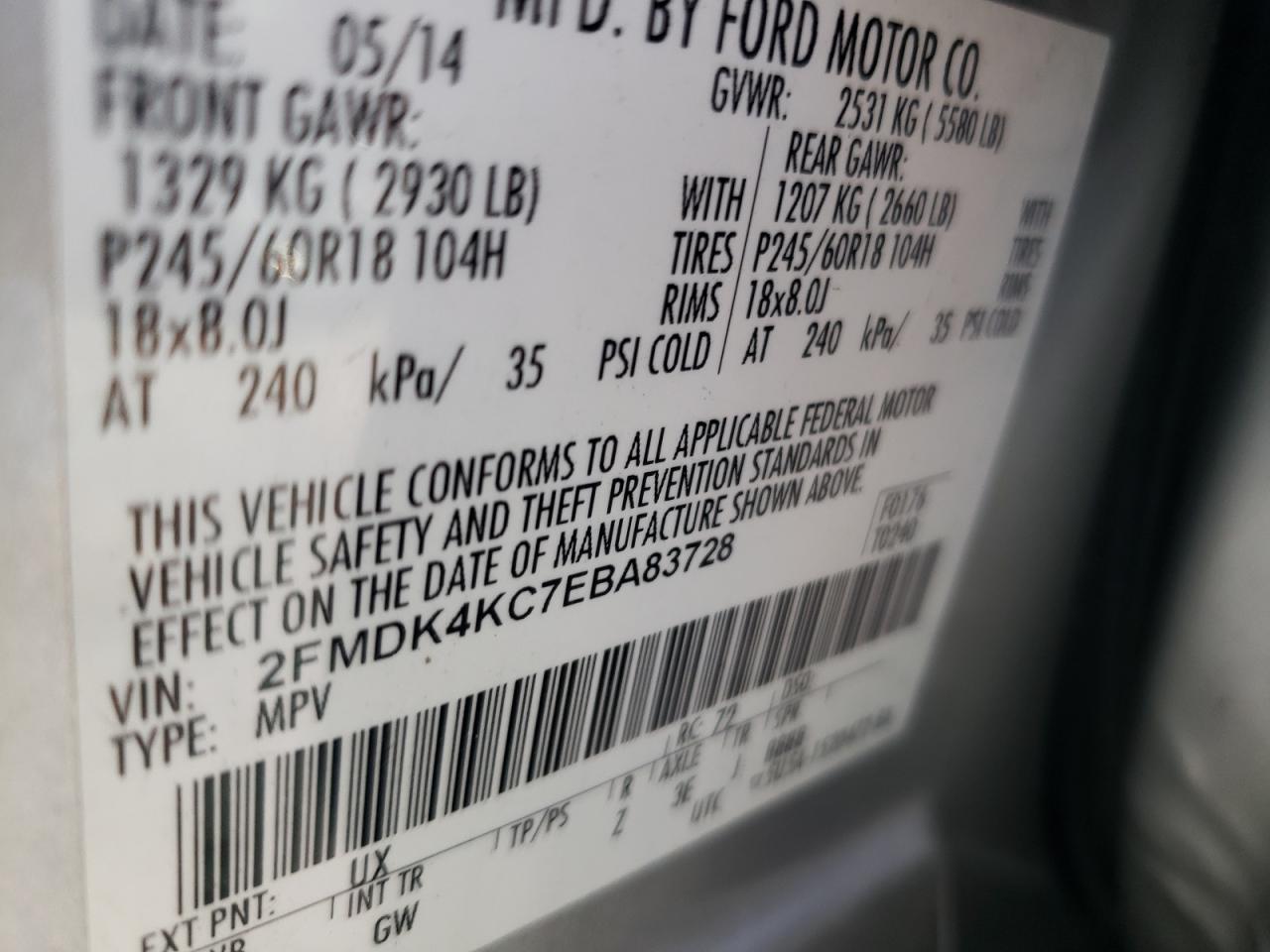 Photo 10 from auction – 2014 FORD EDGE LIMIT with VIN 2FMDK4KC7EBA83728