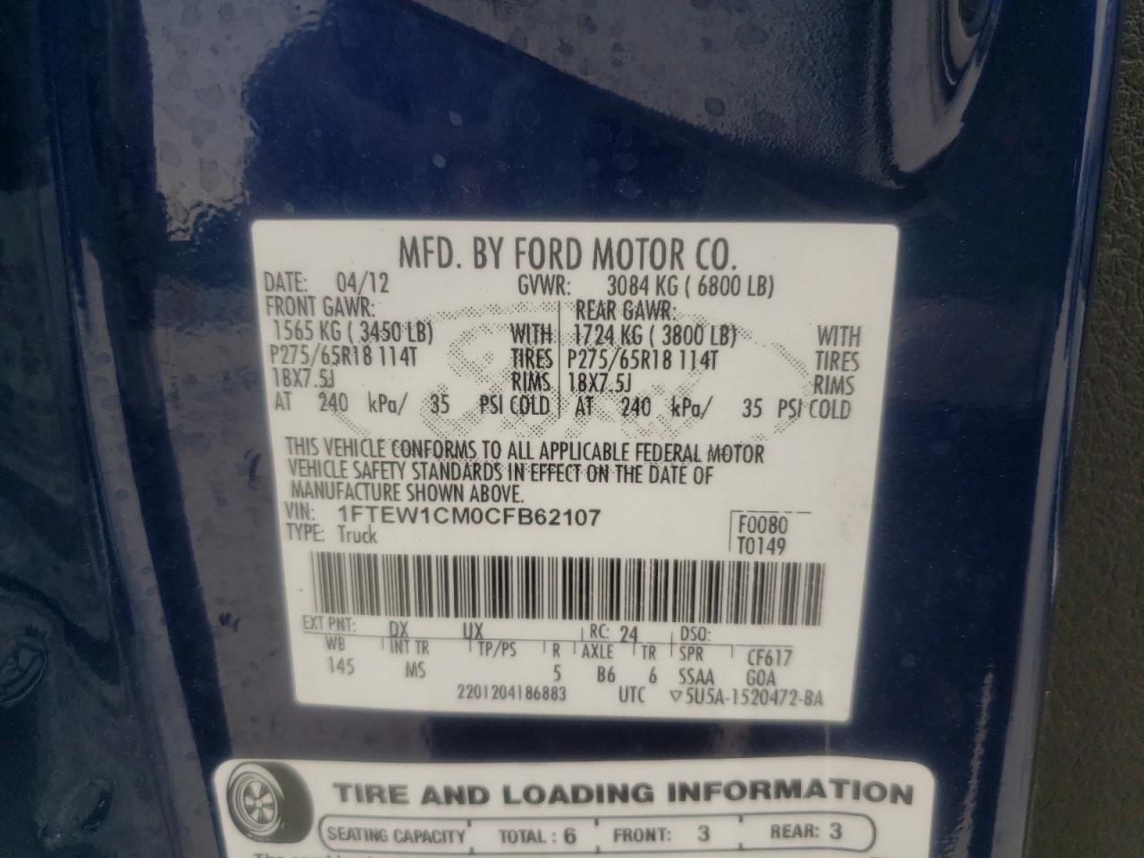 Photo 10 from auction – 2012 FORD F150 SUPER with VIN 1FTEW1CM0CFB62107