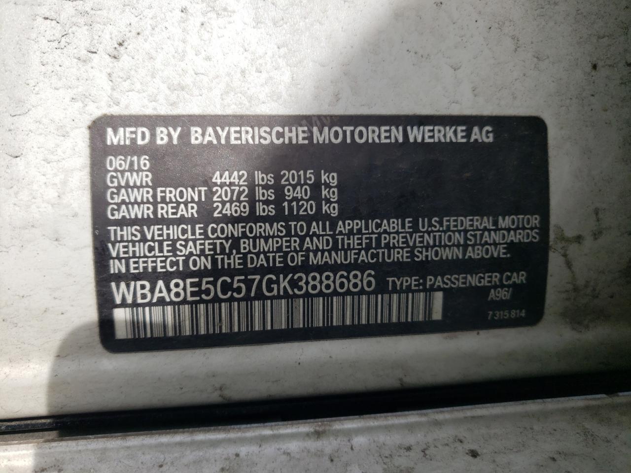 Photo 10 from auction – 2016 BMW 328 D with VIN WBA8E5C57GK388686