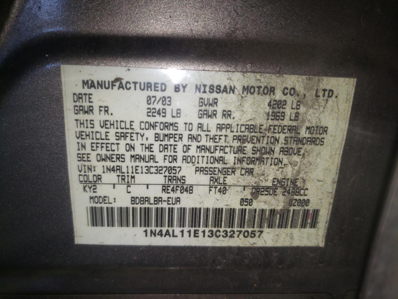 Photo 10 from auction – 2003 NISSAN ALTIMA BAS with VIN 1N4AL11E13C327057