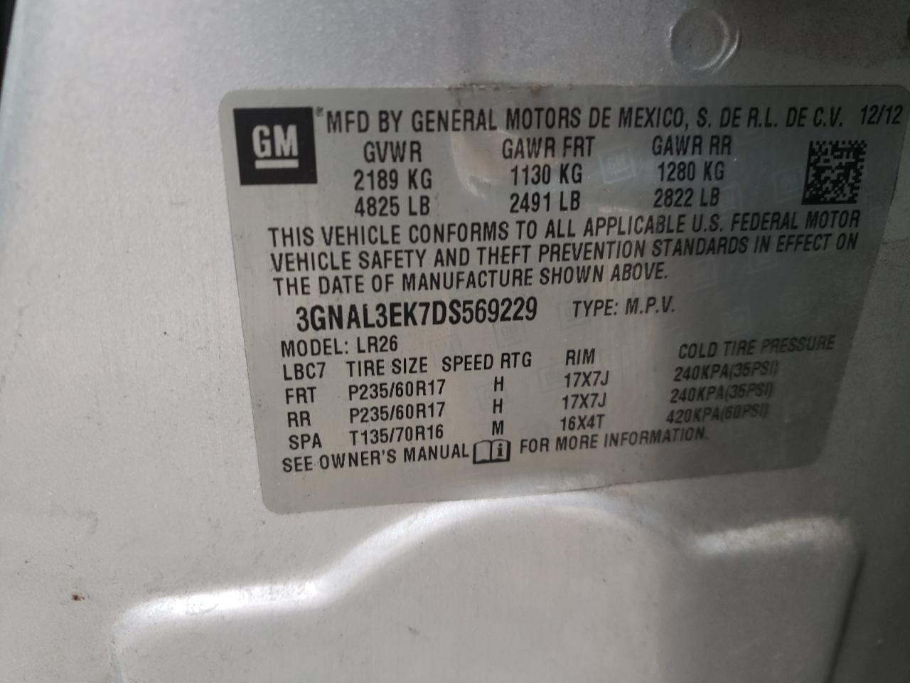 Photo 10 from auction – 2013 CHEVROLET CAPTIVA LT with VIN 3GNAL3EK7DS569229