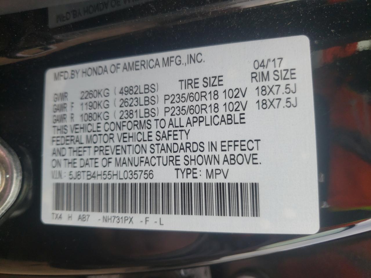 Photo 10 from auction – 2017 ACURA RDX TECHNO with VIN 5J8TB4H55HL035756