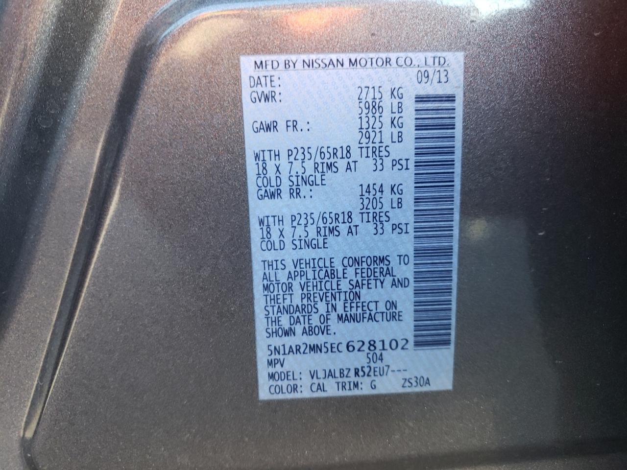 Photo 10 from auction – 2014 NISSAN PATHFINDER with VIN 5N1AR2MN5EC628102