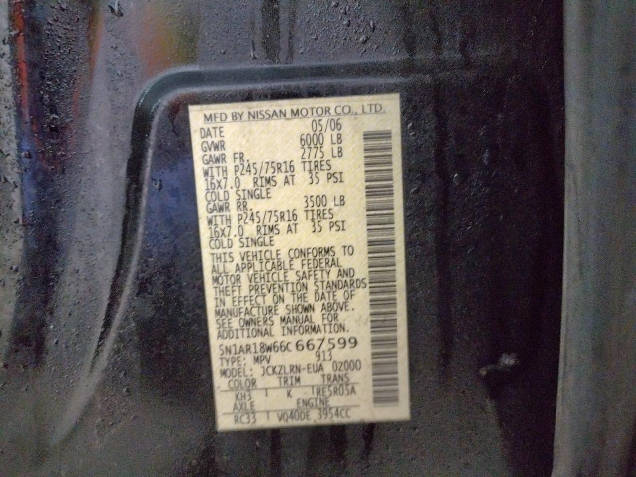 Photo 10 from auction – 2006 NISSAN PATHFINDER with VIN 5N1AR18W66C667599